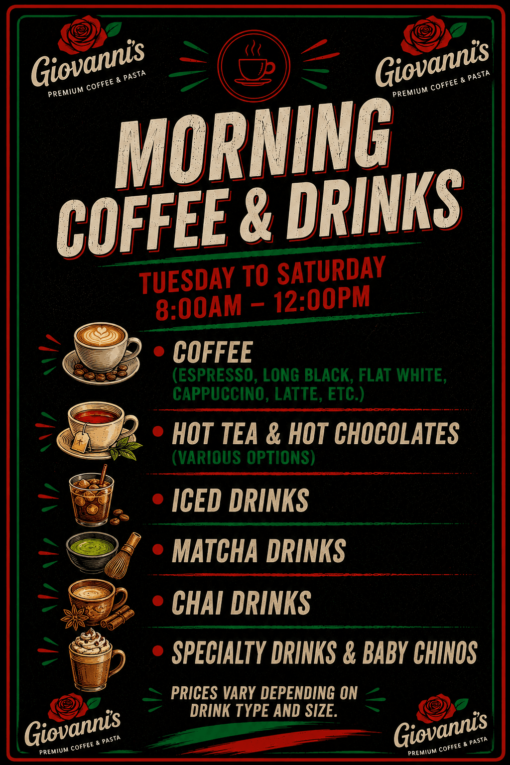 Giovanni's Morning Coffee & Drinks menu — Tuesday to Saturday 8:00am to 12:00pm