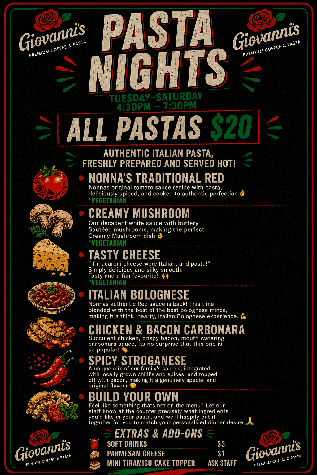 Giovanni's Pasta Nights menu — Tuesday to Saturday 4:30pm to 7:30pm, all pastas $20